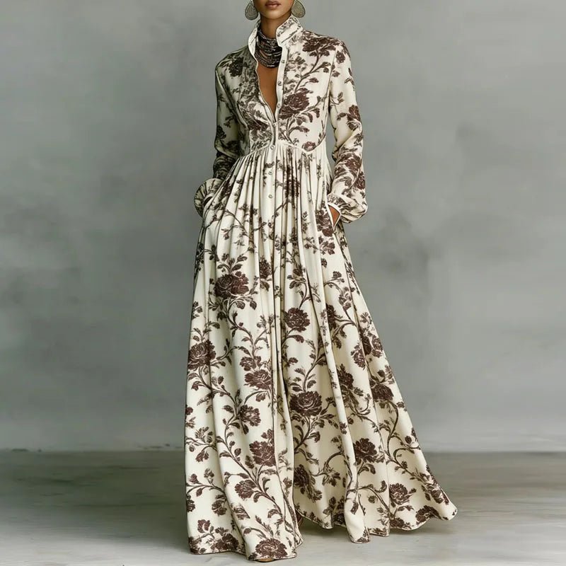 Elegant women's bohemian maxi dress with long sleeves, high waist, and button front, ideal for spring & summer.