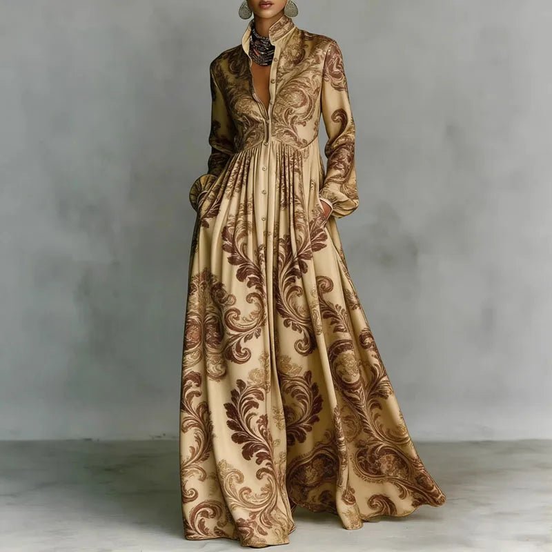 Flowy bohemian maxi dress for women, vibrant print, long sleeves, high waist for comfortable spring & summer wear.