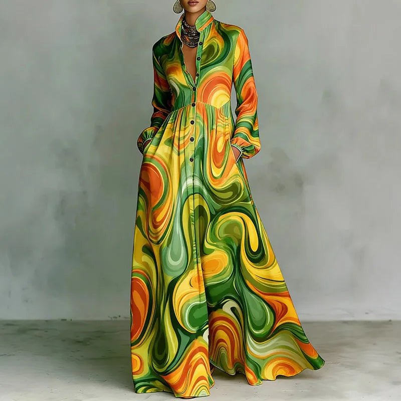 Women's long sleeve bohemian maxi dress, high-waisted design with an all-over print, perfect for casual elegance.