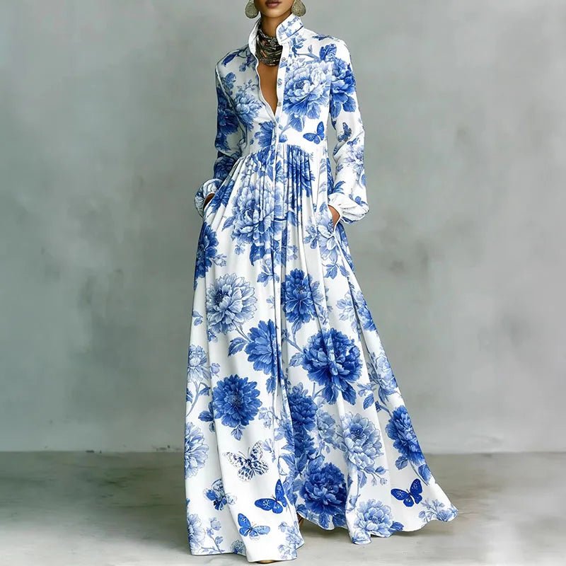 Bohemian print maxi dress, long sleeve, high waist, a flowy fit for women's summer vacation and spring outfits.
