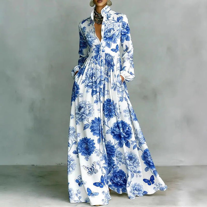 Bohemian print maxi dress, long sleeve, high waist, a flowy fit for women's summer vacation and spring outfits.