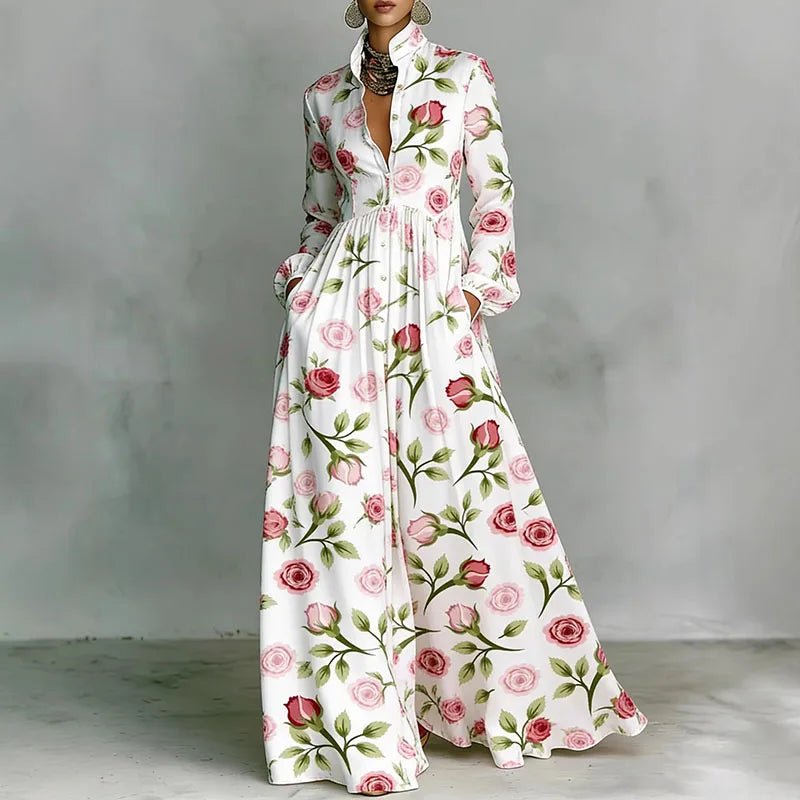 Casual women's maxi dress, bohemian print, long sleeves, high waist, button front, a stylish spring & summer choice.