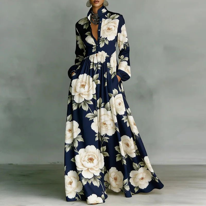 Elegant women's bohemian printed maxi dress with long sleeves & a high-waisted, flowy silhouette for any occasion.