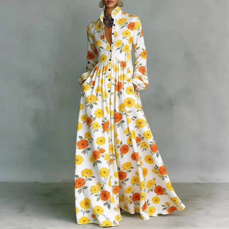 Printed bohemian maxi dress for women, long sleeves, high waist, comfortable and stylish for spring and summer casual.