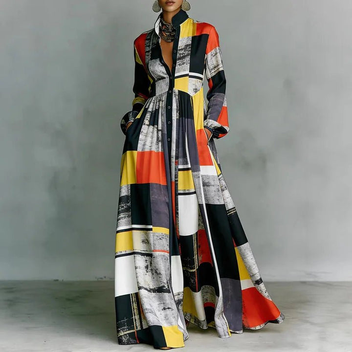 Versatile women's bohemian long sleeve maxi dress with a high waist and unique print, great for spring/summer fashion.