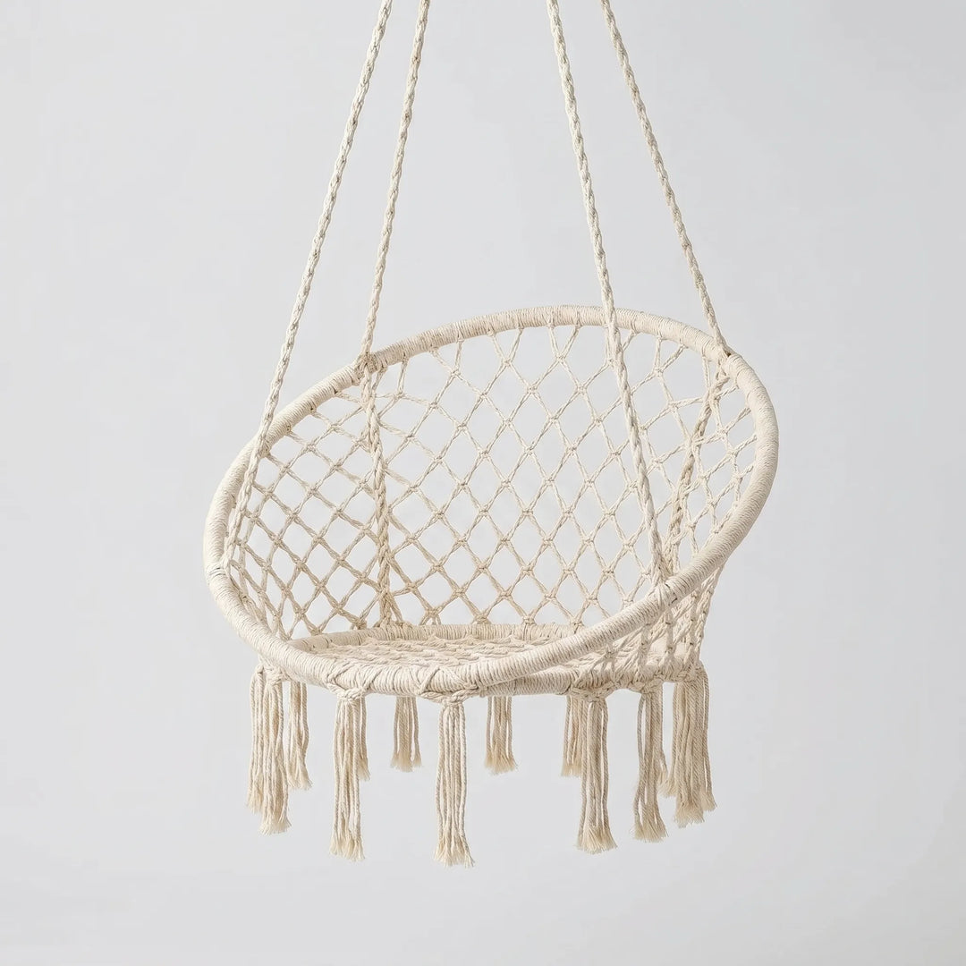 Durable outdoor macrame hammock chair swing, ideal for garden, patio, or porch relaxation. Weather-resistant boho seating.
