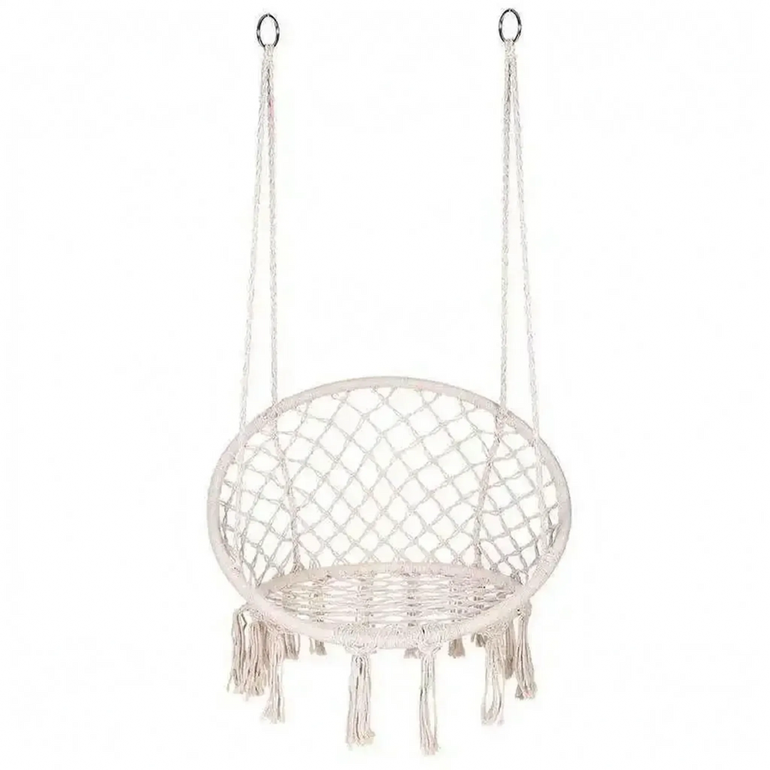 Full view of a stylish boho macrame hammock swing chair, offering unique hanging seating for any room or patio.