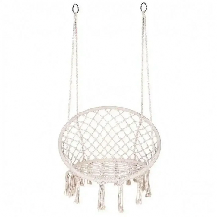 Full view of a stylish boho macrame hammock swing chair, offering unique hanging seating for any room or patio.