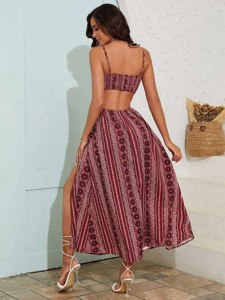 Flattering women's boho maxi sundress with adjustable straps, smocked back, and trendy side slits. Great for summer.