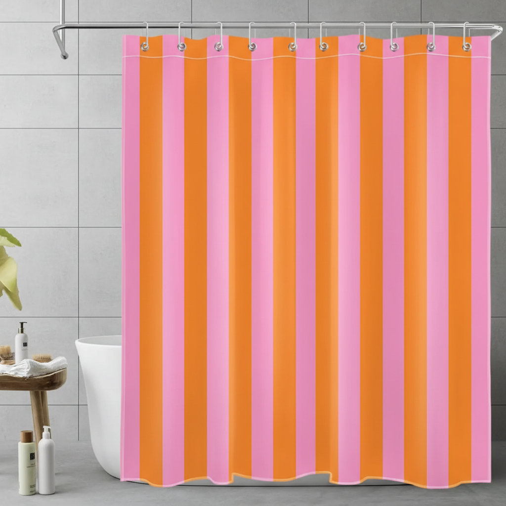 Boho striped fabric shower curtain for modern bathroom decor.