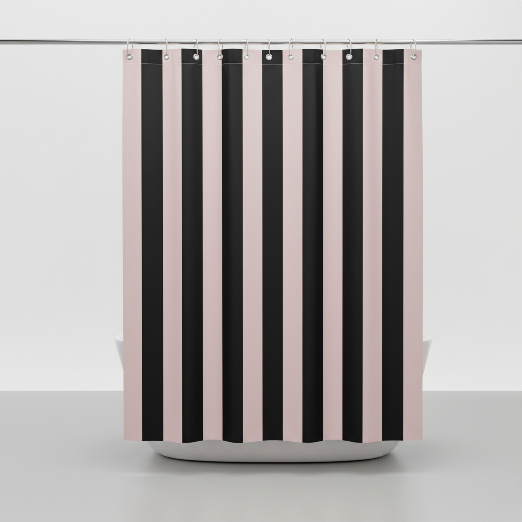 Relaxing boho striped fabric shower curtain, bringing a modern touch to bathroom decor.