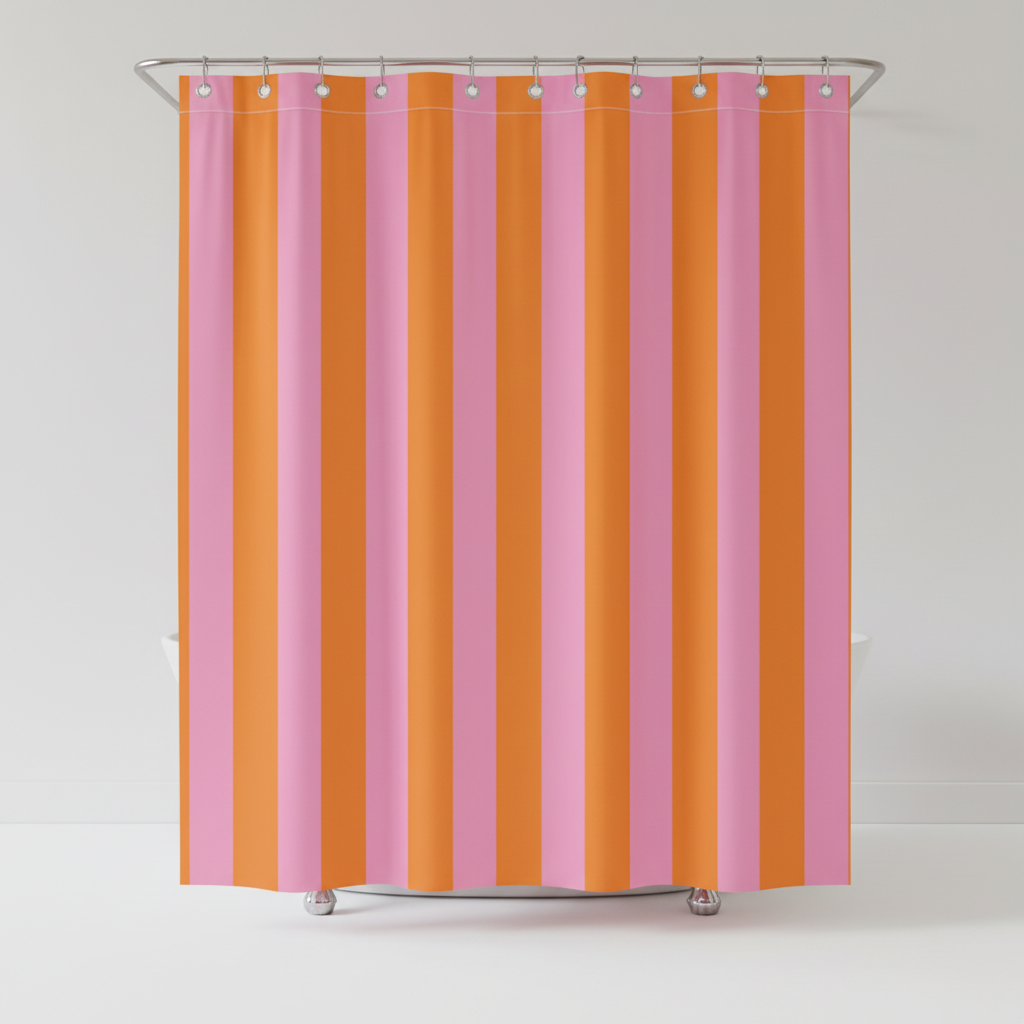 Boho striped fabric shower curtain, waterproof, colorful textile for modern bathroom decor & home accent.