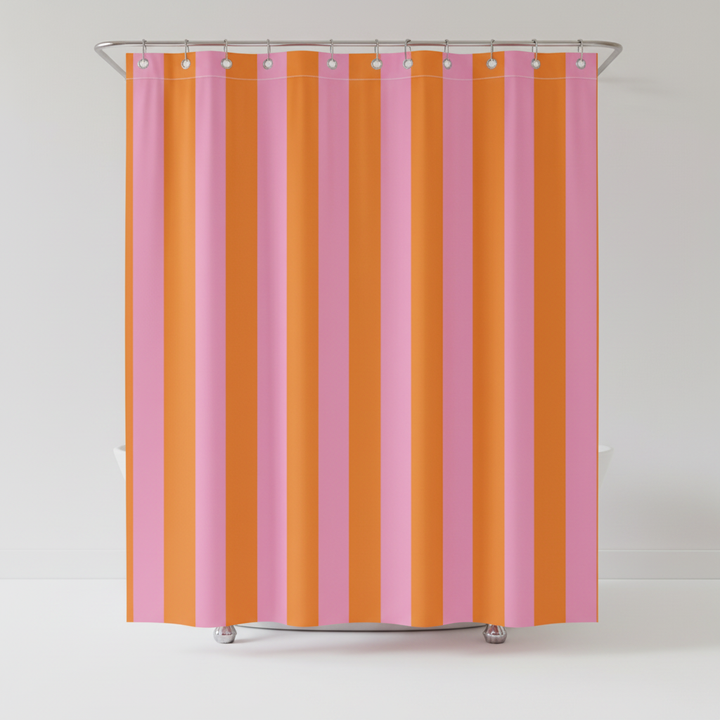 Boho striped fabric shower curtain, waterproof, colorful textile for modern bathroom decor & home accent.