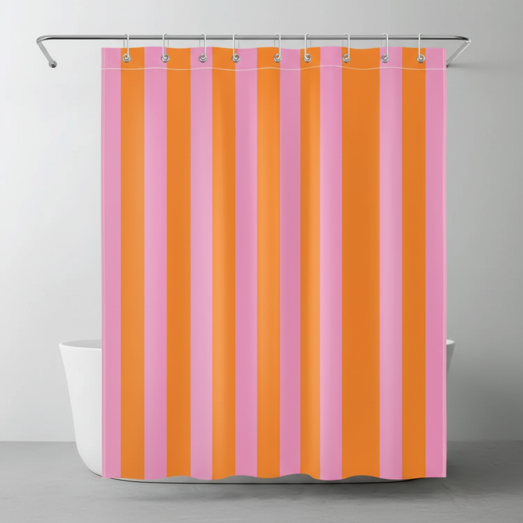 Colorful boho striped fabric shower curtain, waterproof textile for bathroom.