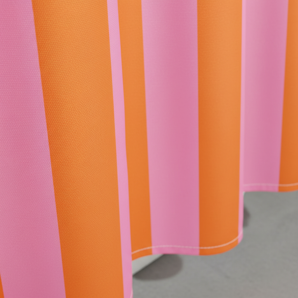 Modern boho striped fabric shower curtain, stylish bathroom decor accent.