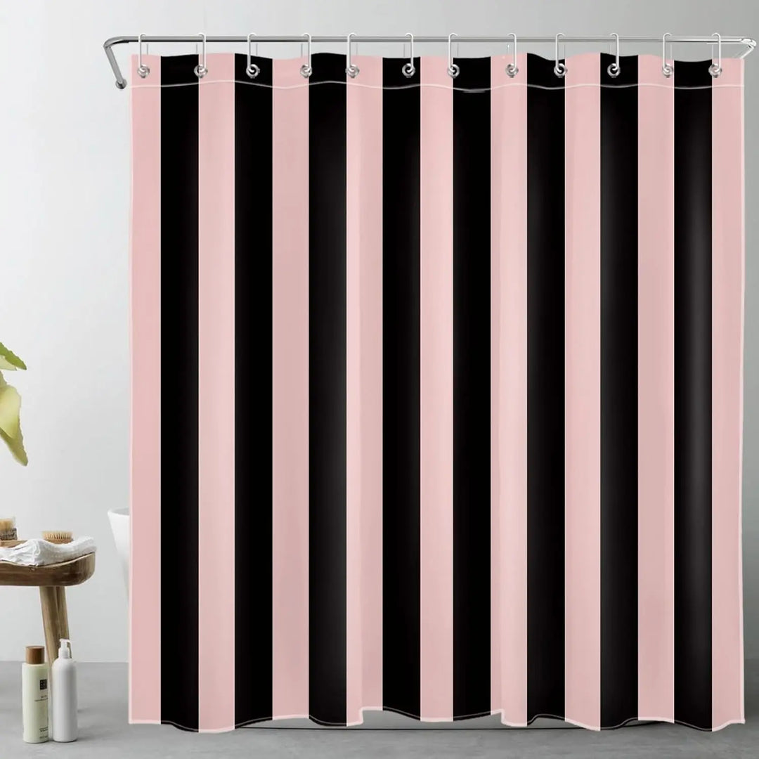 Boho striped fabric shower curtain enhancing bathroom decor, waterproof & stylish home accent.