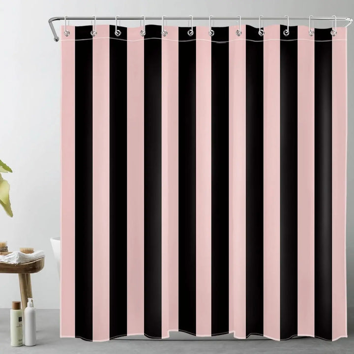 Boho striped fabric shower curtain enhancing bathroom decor, waterproof & stylish home accent.