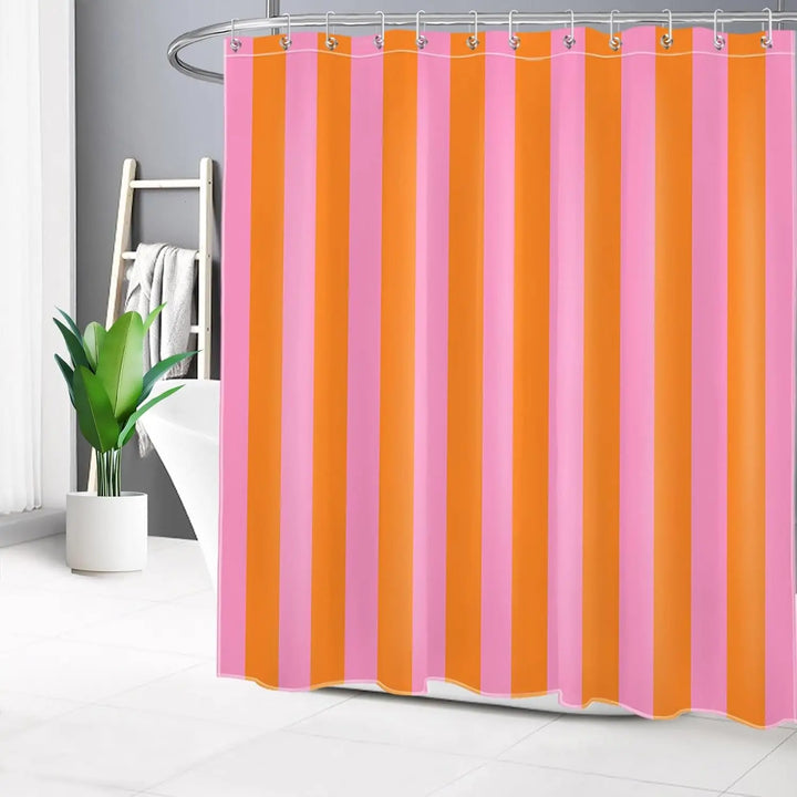 Vibrant boho striped fabric shower curtain, perfect home accent for modern bathroom decor.
