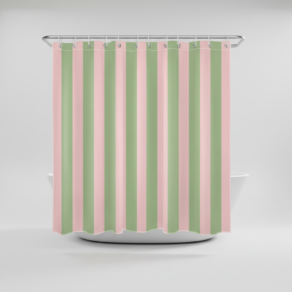 Close-up of colorful boho striped fabric shower curtain, highlighting modern bathroom decor.