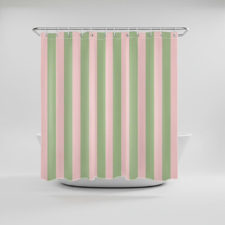 Close-up of colorful boho striped fabric shower curtain, highlighting modern bathroom decor.
