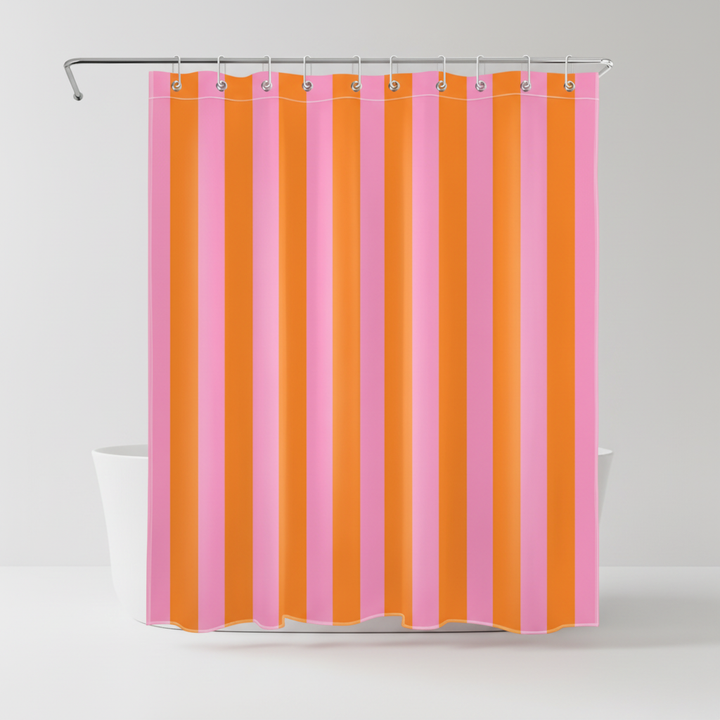 Full view of a boho striped fabric shower curtain, a colorful and waterproof bathroom textile.