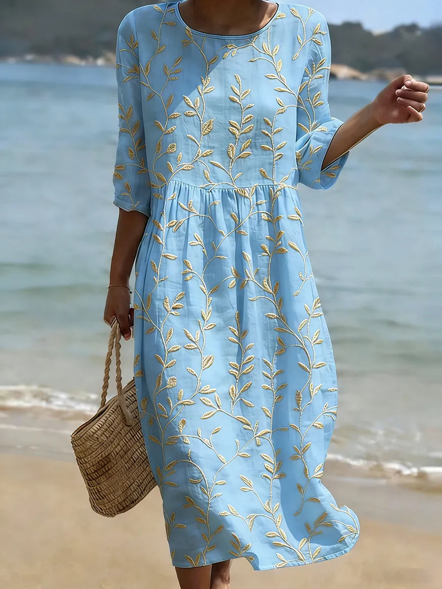 Boho Women's Leaf Vine Embroidered Smock Midi Dress. Three-quarter sleeves, relaxed fit, ideal for summer & vacation.