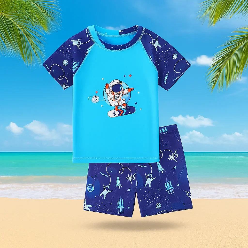 UPF 50+ swim shorts for children with a playful polka dot print, paired with a matching swim top.