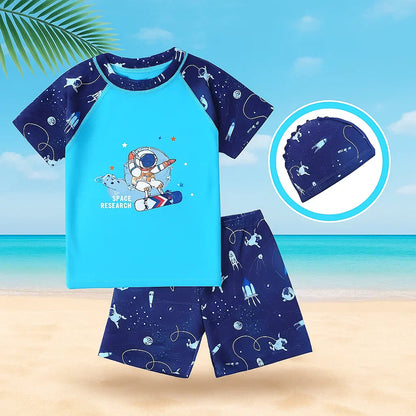 Baby's UPF sun protective swimwear set with cute marine animal prints, includes a full-sleeve top and bottom.