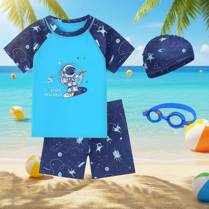 Kids' UPF sun protection swimwear featuring a swim shirt, shorts, and a matching cap with a playful pattern.