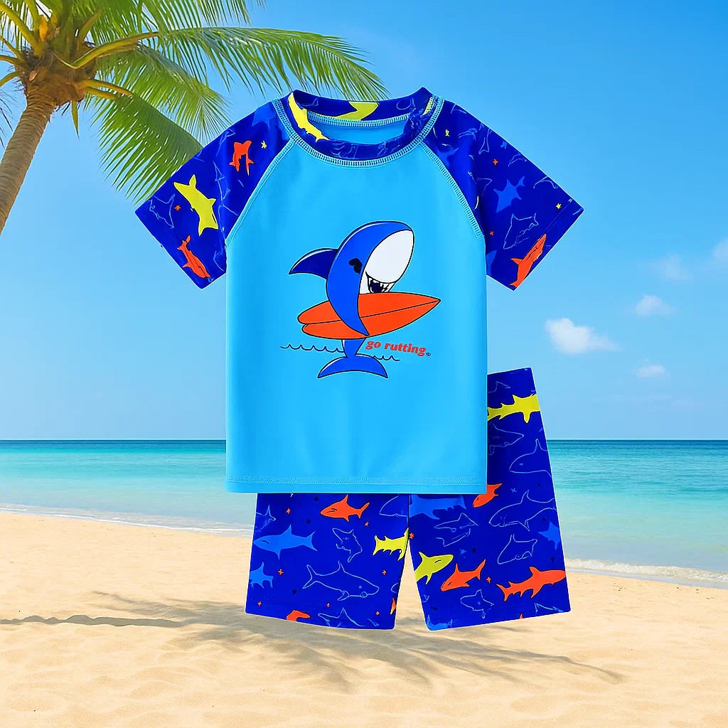 Toddler's UPF sun protective swim shirt with colorful fish print, perfect for sunny outdoor play.