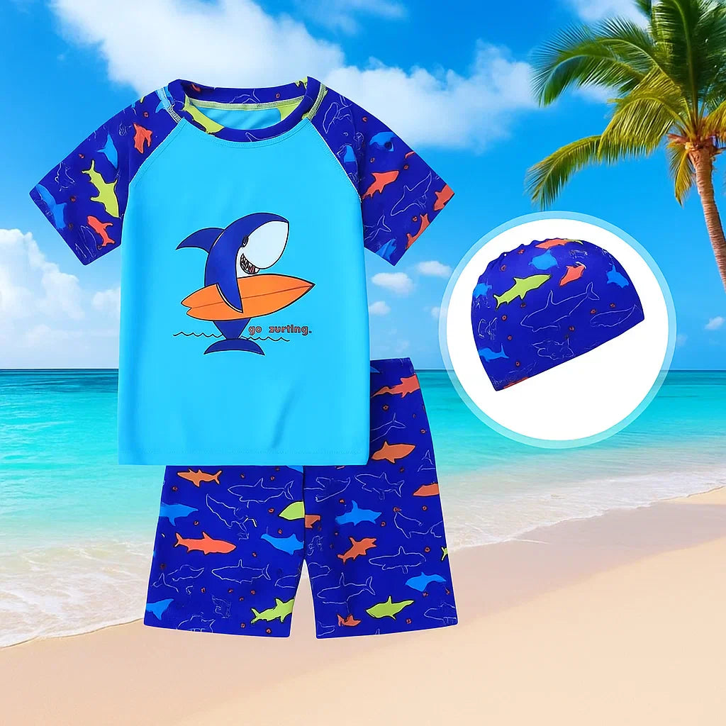 Kids' UPF 50+ long-sleeve swim top and short set featuring a fun dinosaur pattern for sun safety.