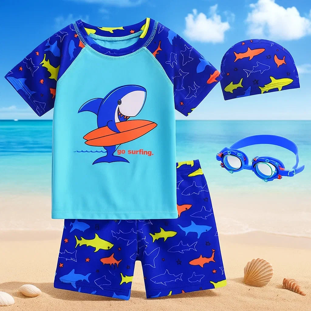 Unisex UPF sun protection swimwear: quick-dry polyester swim shirt and shorts set with a star design.