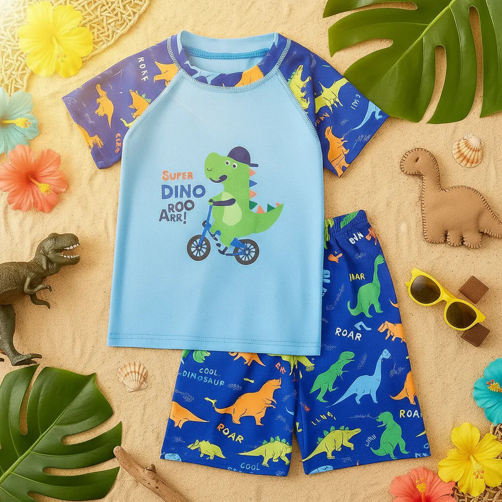 Close-up of UPF swimwear fabric, showing high-quality polyester and sun protection for active children.