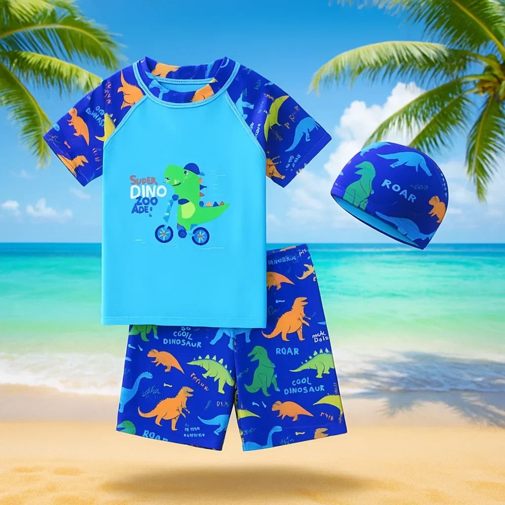 Child wearing UPF 50+ sun protection swimwear set, including cap and goggles, ready for swimming.