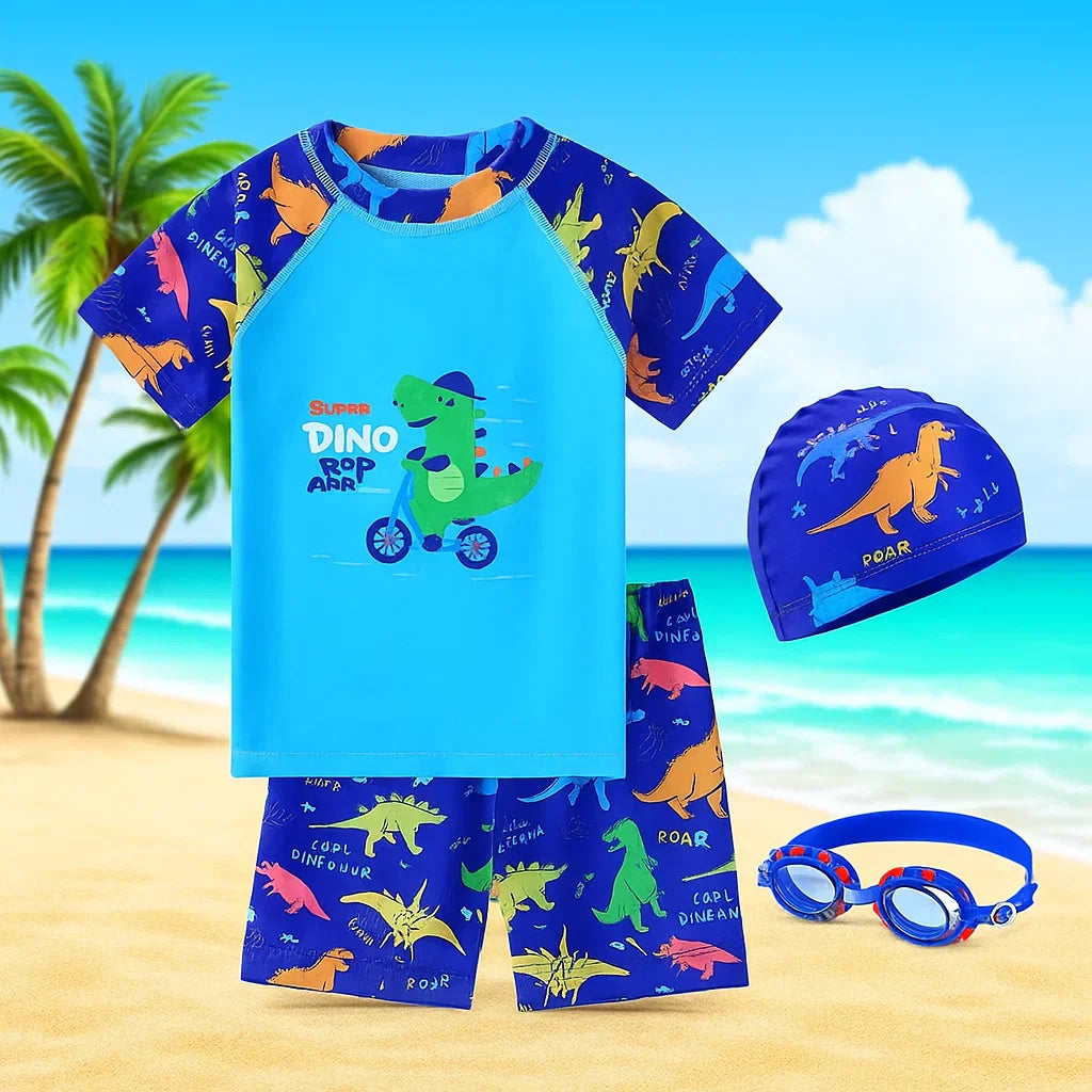 Assortment of children's UPF sun protection swimwear sets in various prints, boys and girls sizes.