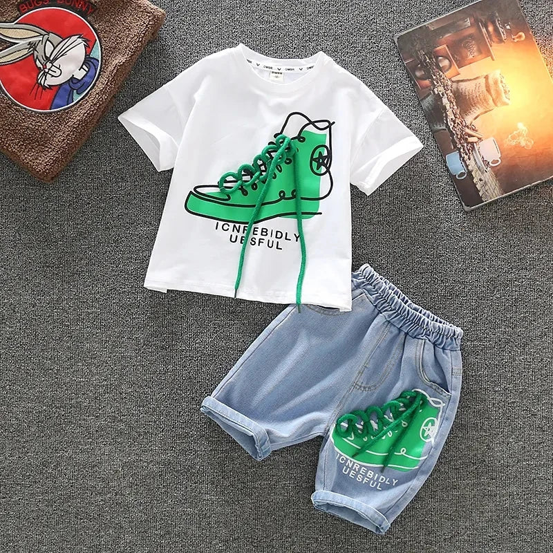 Boy's summer t-shirt & denim shorts set, comfortable 2-piece kids playwear outfit