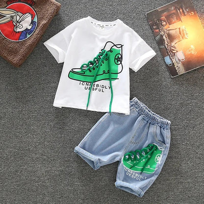 Boy's summer t-shirt & denim shorts set, comfortable 2-piece kids playwear outfit
