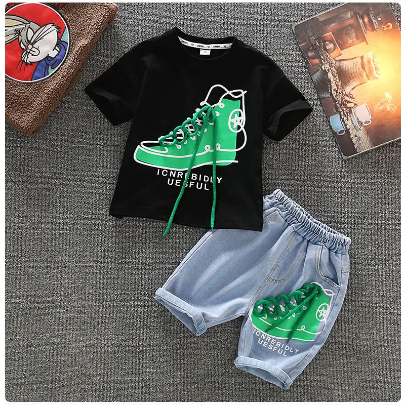 Toddler boy in 2-piece summer t-shirt and denim shorts set, perfect for play