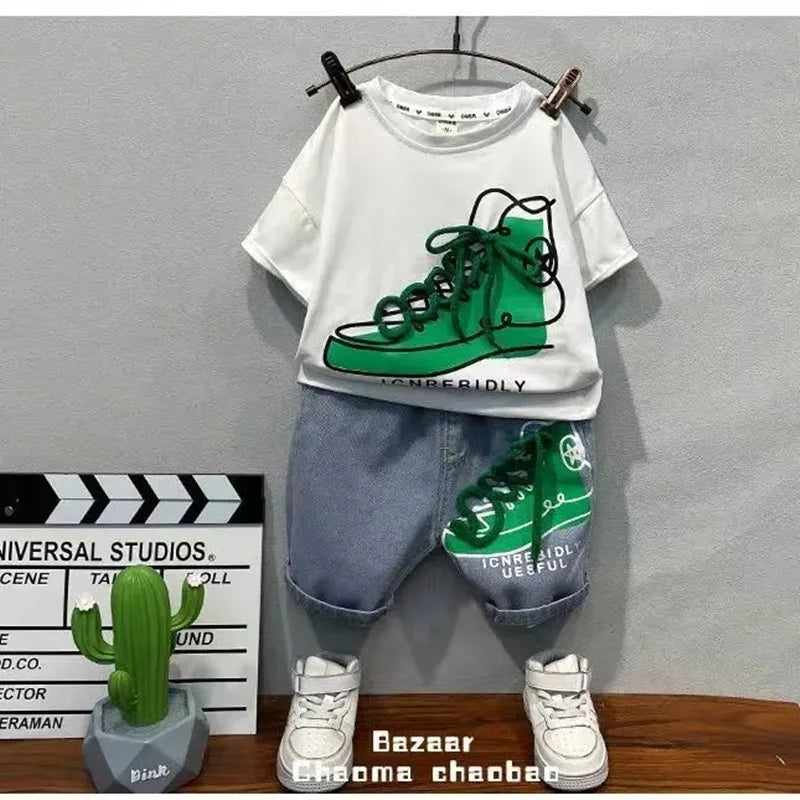 Light blue cotton blend t-shirt with durable denim shorts for active boys