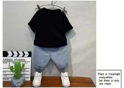 Comfortable and durable boy's summer t-shirt and denim shorts set, front view