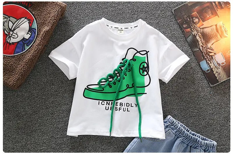 Two-piece boy's summer clothing set featuring a soft t-shirt and sturdy denim shorts