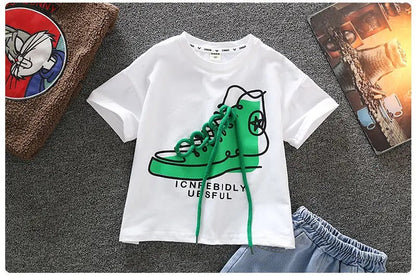 Two-piece boy's summer clothing set featuring a soft t-shirt and sturdy denim shorts