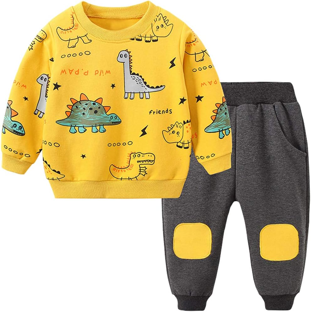 Boys' 2-piece dinosaur outfit set, long sleeve shirt & matching pants for toddlers.
