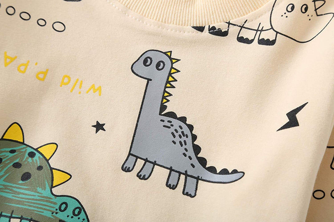 Active boys' dinosaur outfit: long sleeve top and matching comfortable pants.