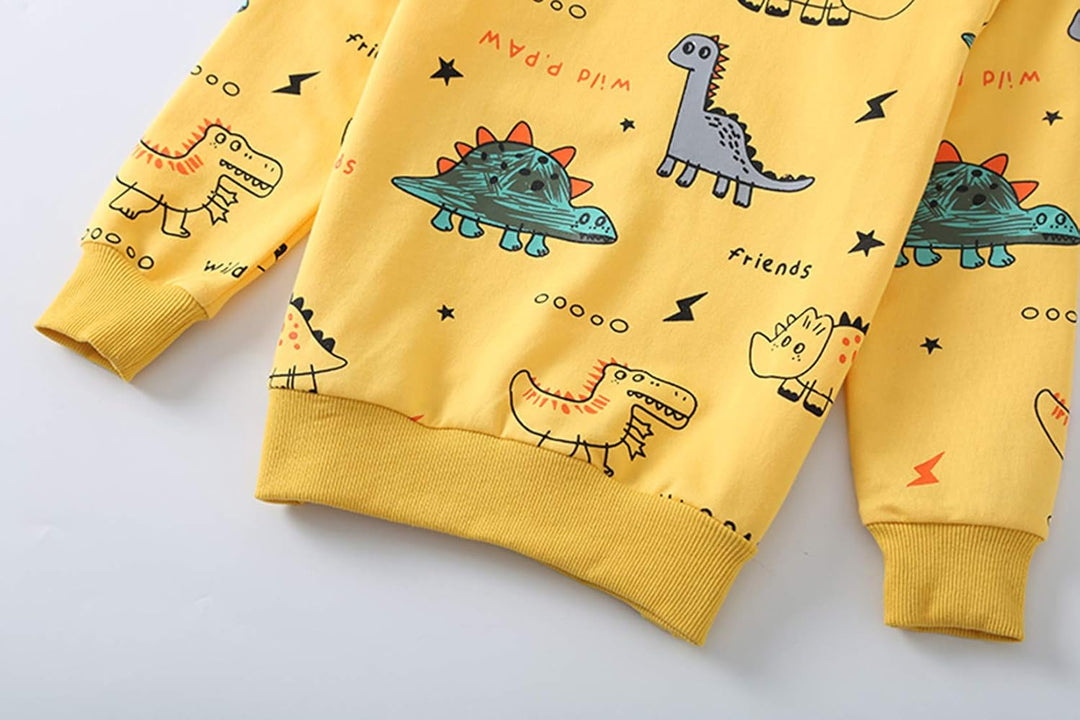 Vibrant boys' dinosaur print long sleeve shirt and matching solid pants, 2-piece set.