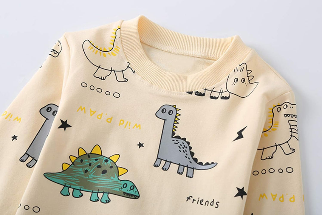 Stylish boys' dinosaur outfit featuring a long sleeve top and coordinating pants.
