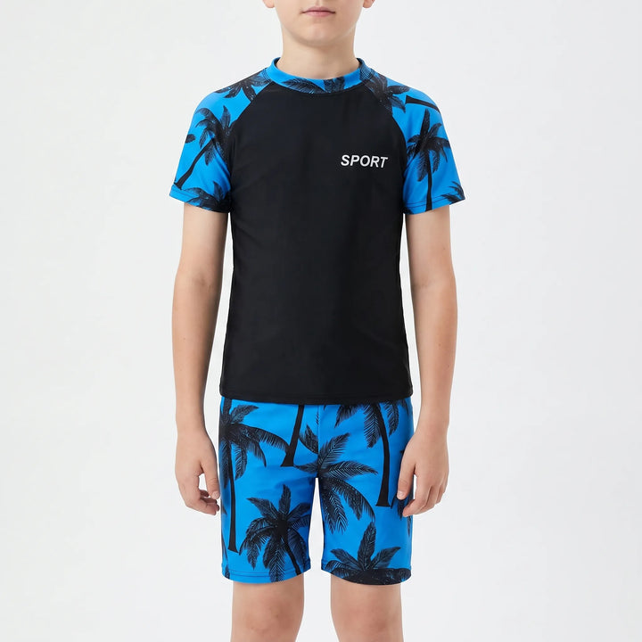 Young boys' active swimwear set for comfortable water sports. Includes quick-dry rash guard and secure swim shorts.