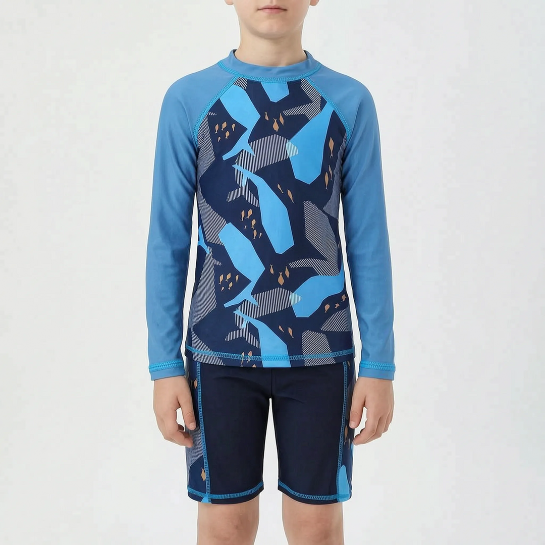 Essential boys' vacation swimwear: two-piece set with sun-protective rash guard & matching swim shorts for beach trips.