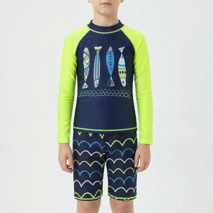 Boys' long-sleeve rash guard & swim shorts set. Durable, quick-drying, and offers UPF 50+ sun protection.