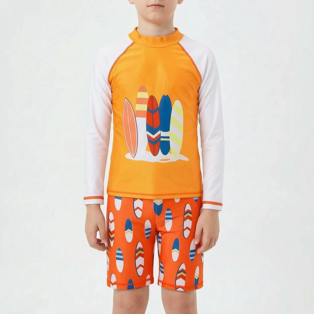Secure-fit boys' two-piece swimsuit set with a protective rash guard top & elastic waist swim shorts for active play.